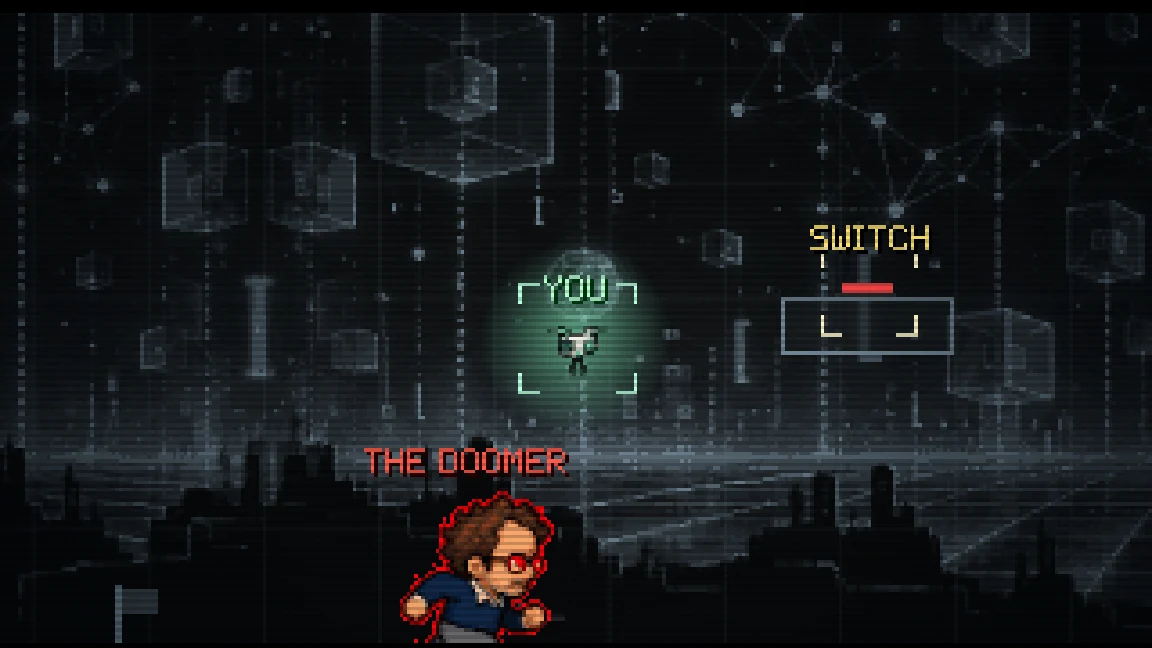 A linked courier drone flies toward a gate switch while Dario waits below.