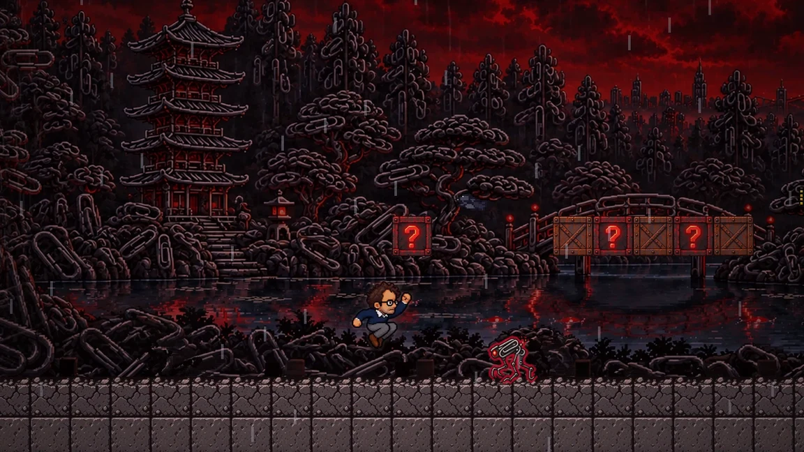 Dario jumps over a paperclip robot beneath the pagoda in Doom View.