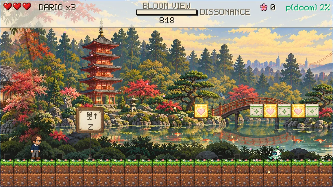 The tea garden in Bloom View: daylight, trees, and a garden robot.