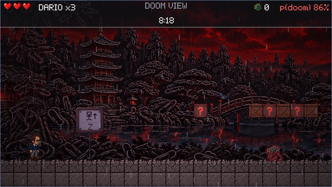 Dario’s view of the tea garden: a red sky, metal trees, and a paperclip robot on the path.
